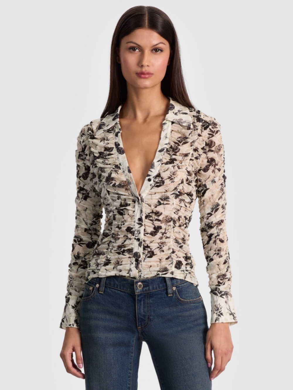 Alice + Olivia Portia Mesh Button Down Arden Forest size S